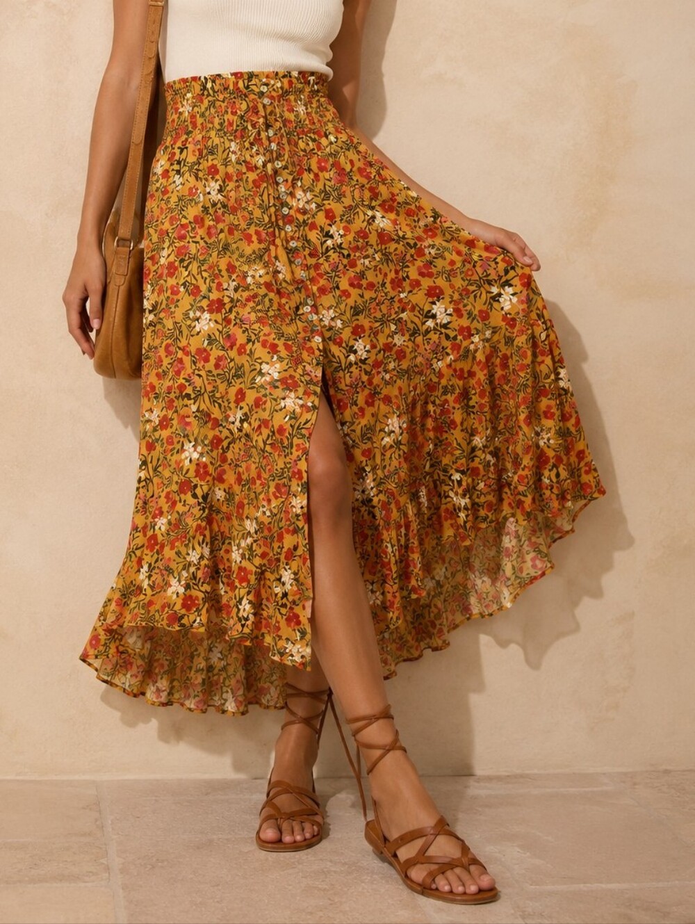 Ava Christine Smocked Pleated Ruffle Micro Floral Maxi Skirt in Mustard Gold